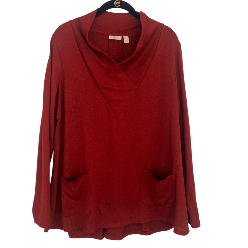 LOGO Lounge by Lori Goldstein Burgundy French Terry Cowl Neck Top Pockets Medium